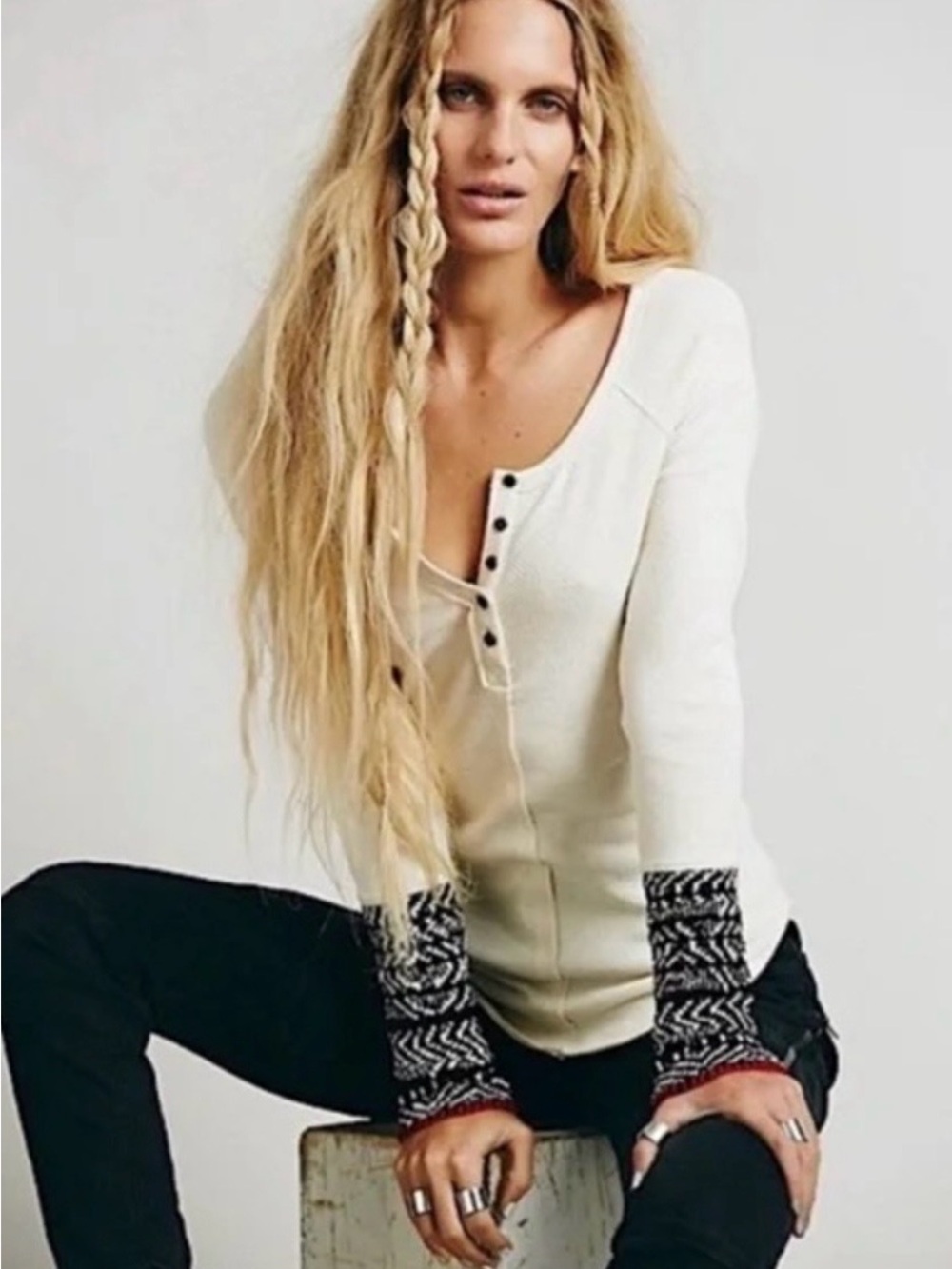 Free People Alpine Cuff Thermal Henley Women L Cream Waffle Knit Long Sleeve